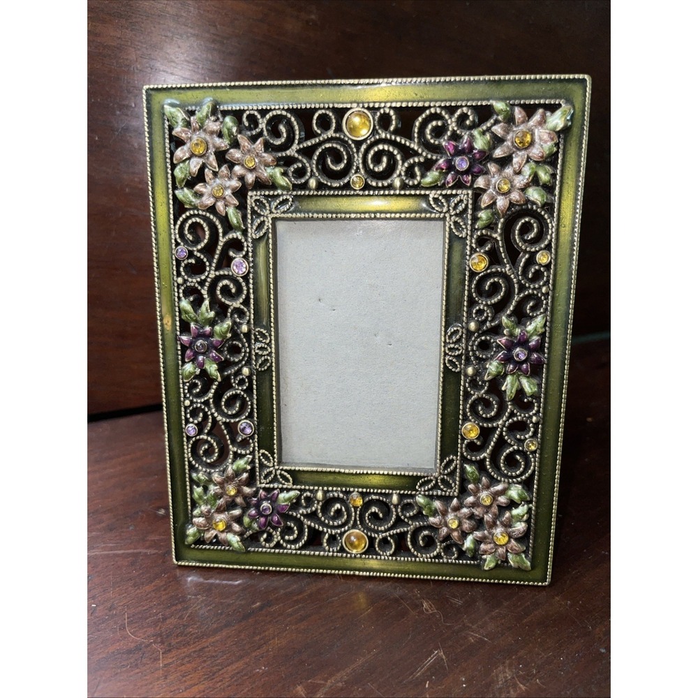 Delicate Green Metal Picture Frame With Jewels 4.5 X 5.5 Freestanding